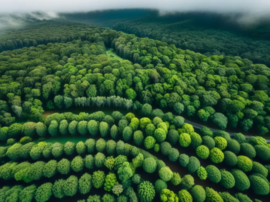 Majestuoso bosque verde en Uruguay: reforestación imprescindible Una vista aérea impresionante de un exuberante bosque verde en Uruguay, resaltando la importancia de la reforestación en camping Uruguay