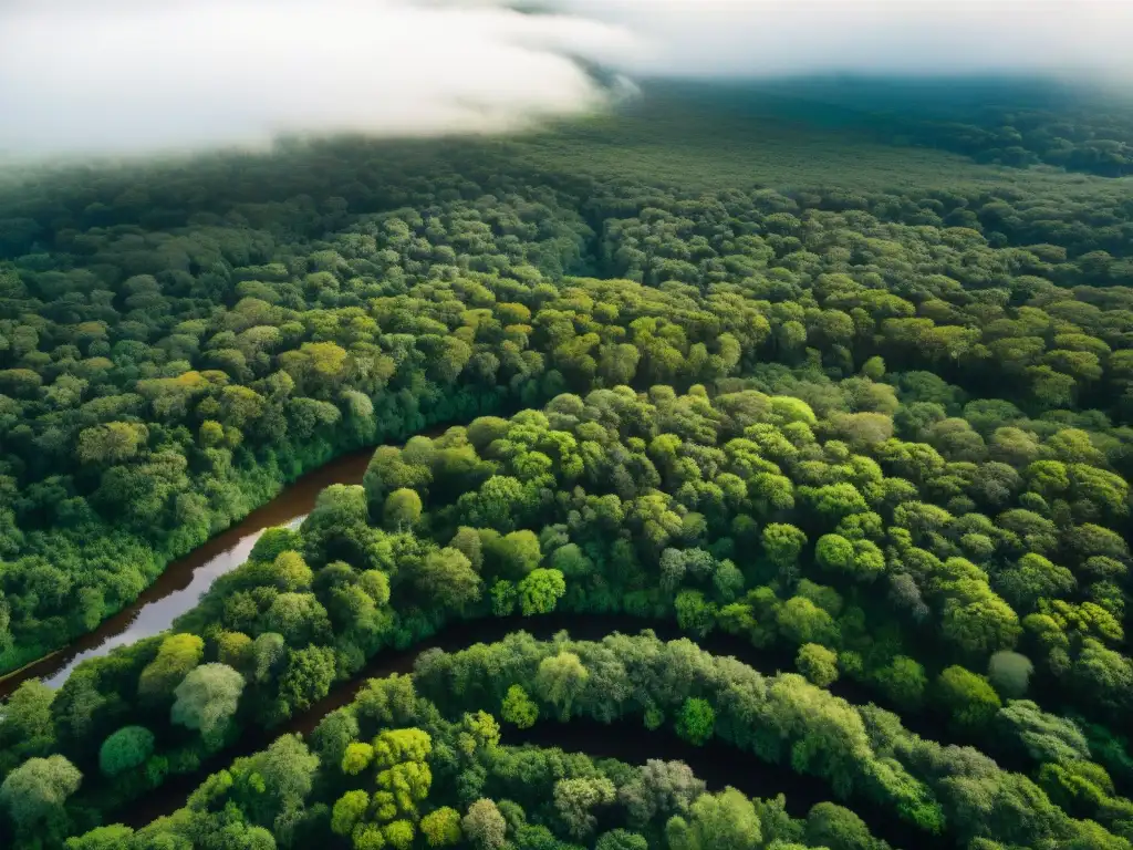 Esplendor verde: Bosque vibrante en área de conservación de Uruguay Vista aérea impresionante del exuberante bosque en Áreas de Conservación en Uruguay, con ríos serpenteantes y hábitats silvestres diversos