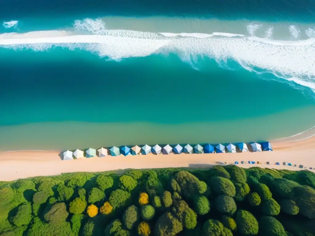 Playa de ensueño en Uruguay: tiendas coloridas junto al mar Vista aérea impresionante de las mejores playas camping en Uruguay con tiendas coloridas en la costa, aguas azules y arena dorada