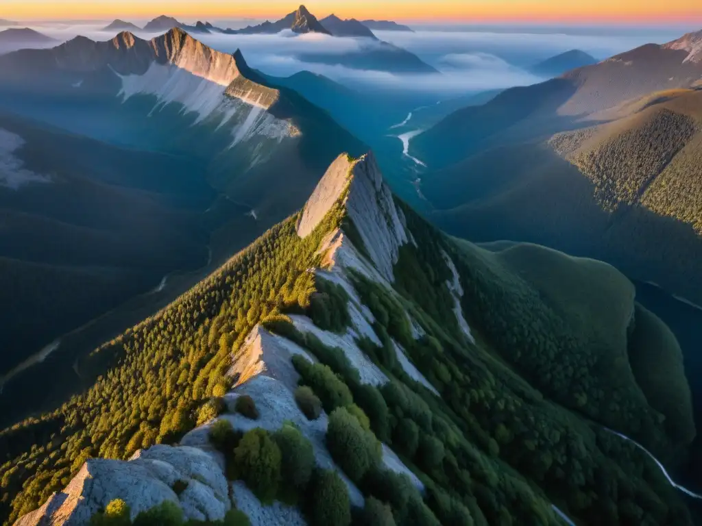 Majestuoso atardecer en la montaña: aventura y GPS preciso Vista aérea impresionante de montañas al atardecer con un sol anaranjado, resaltando la Importancia Precisión GPS Terrenos Difíciles