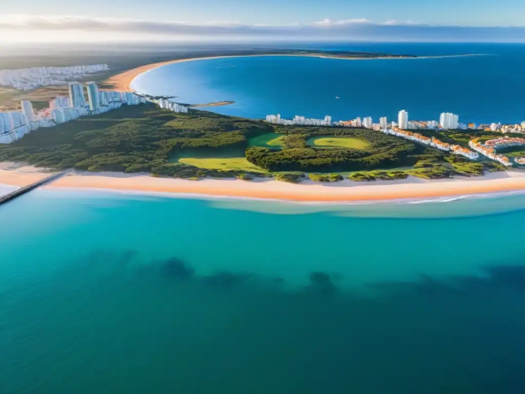 Vista aérea impresionante de Punta del Este al atardecer, ideal para drones para fotografía de paisajes en Uruguay