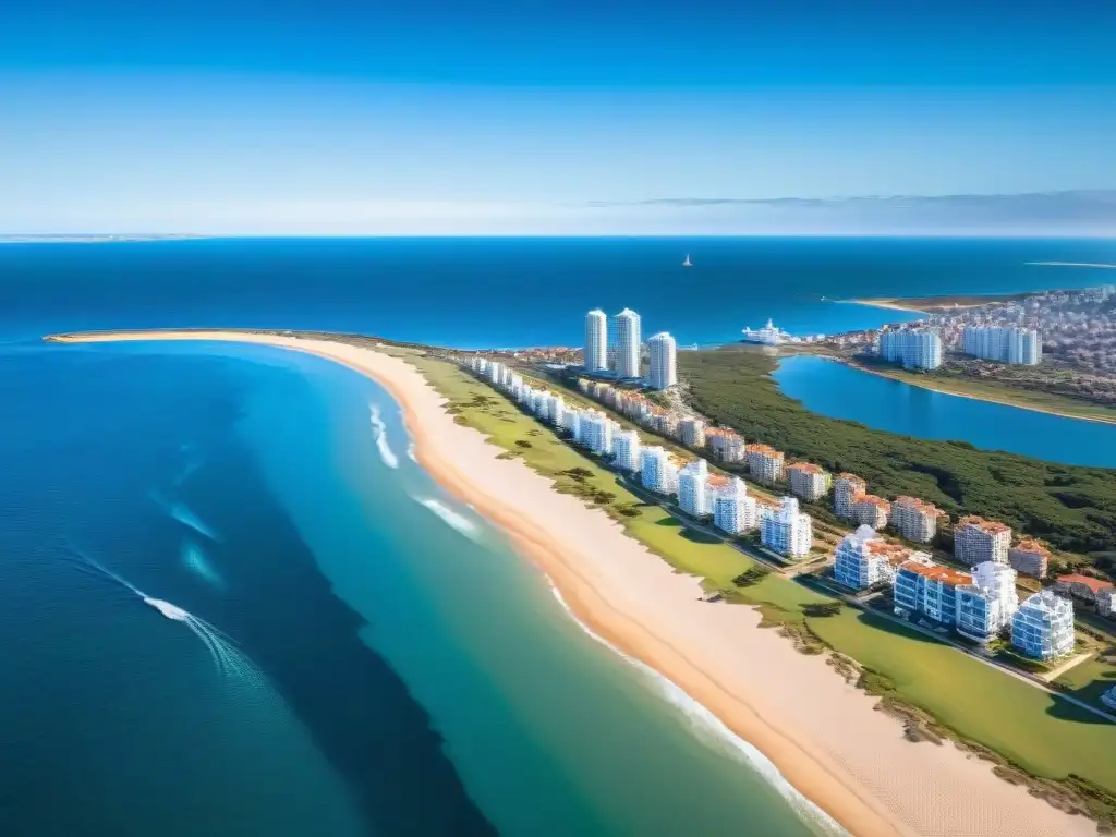 Vista aérea impresionante de Punta del Este con costa, yates y la icónica mano escultórica emergiendo de la arena Vista aérea impresionante de Punta del Este con la costa, yates en la marina y la icónica escultura de la mano emergiendo de la arena