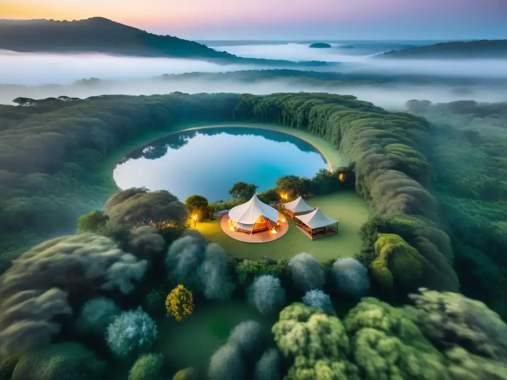 Glamping de lujo en Uruguay: safari tents en medio de la naturaleza Vista aérea inspiradora: Glamping Uruguay con tiendas safari de lujo entre naturaleza y lago al atardecer