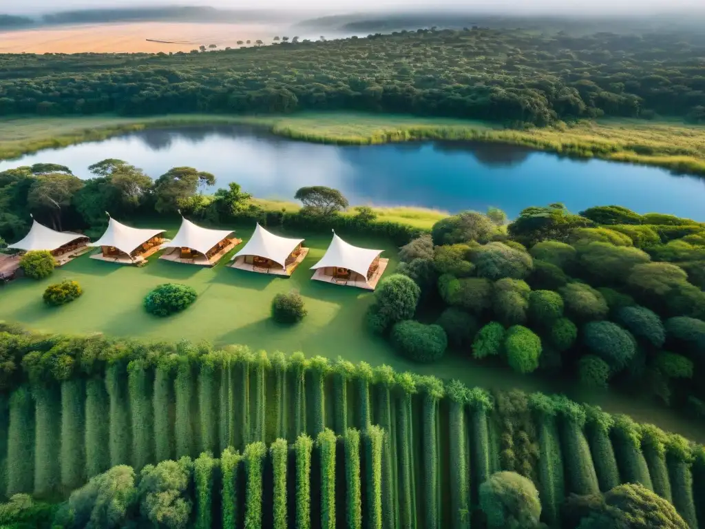 Glamping de lujo en Uruguay: Safari tents entre naturaleza exuberante Vista aérea de un lujoso glamping en Uruguay, tiendas safari elegantes en un entorno natural