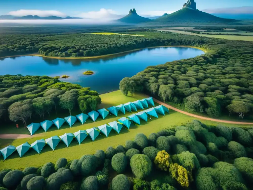 Campamento colorido en Uruguay: paisajes verdes y serenos Vista aérea de uno de los mejores sitios de camping en Uruguay, con tiendas coloridas entre árboles verdes y un río sereno, bajo un cielo azul