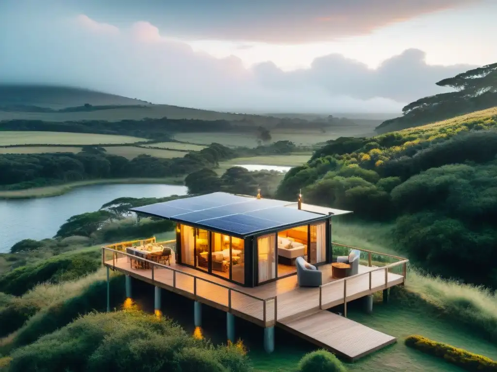 Glamping sostenible en Uruguay: lujo en armonía con la naturaleza Vista detallada de un campamento de lujo en Uruguay con prácticas sostenibles