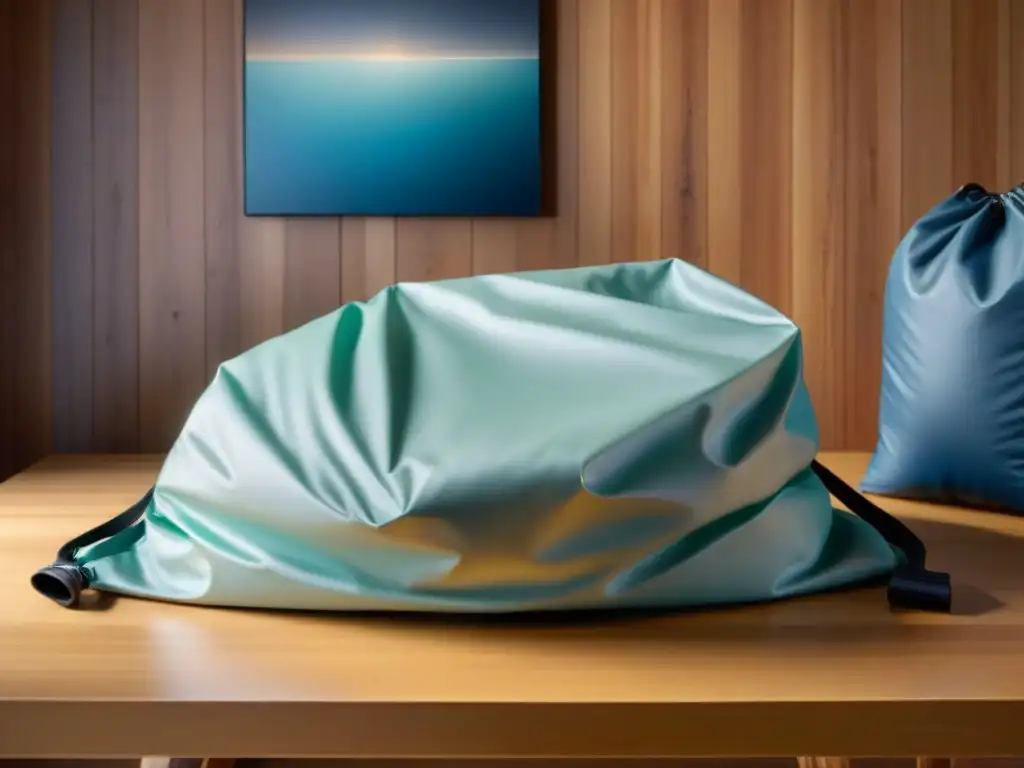 Equipo de camping impermeable: resistencia y estilo en cada detalle Vista detallada de fundas impermeables para equipo camping en mesa de madera bajo luz natural suave