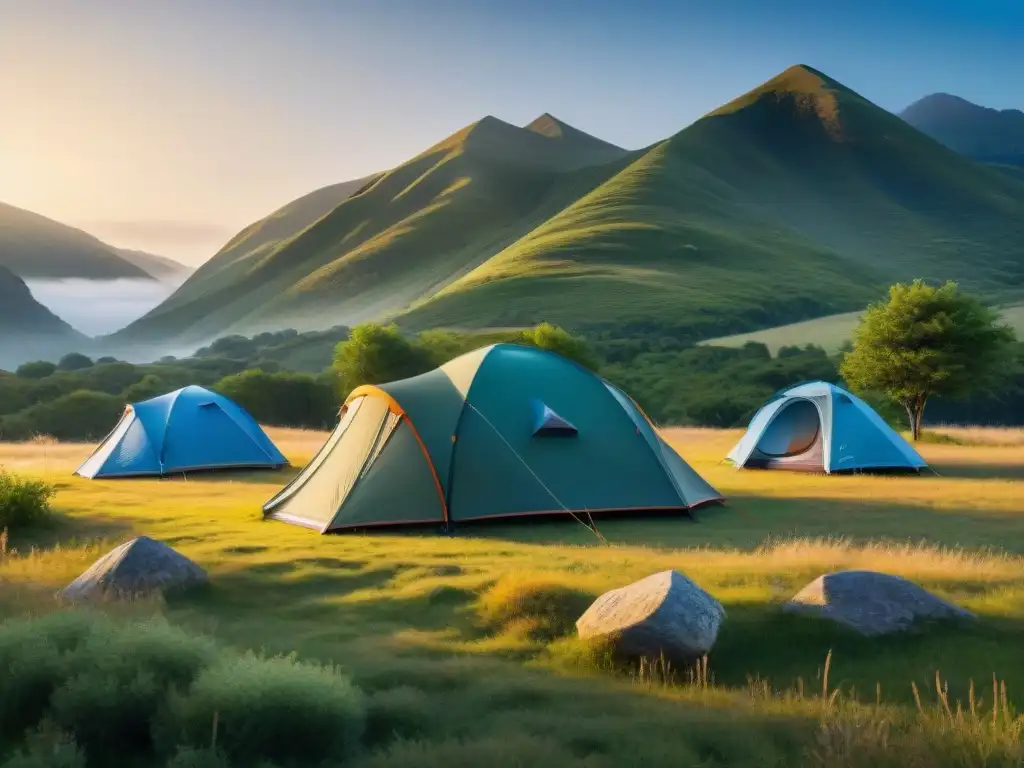 Tiendas de campaña estándar: detalles y belleza en la naturaleza Una vista detallada de tiendas de campaña estándar en un prado verde, destacando sus diferentes tamaños, colores y diseños