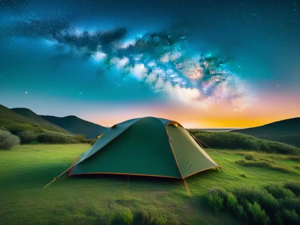 Tienda de campaña iluminada bajo las estrellas en Uruguay Vista nocturna de la mejor carpa camping clima Uruguay, iluminada bajo un cielo estrellado en un campamento verde exuberante