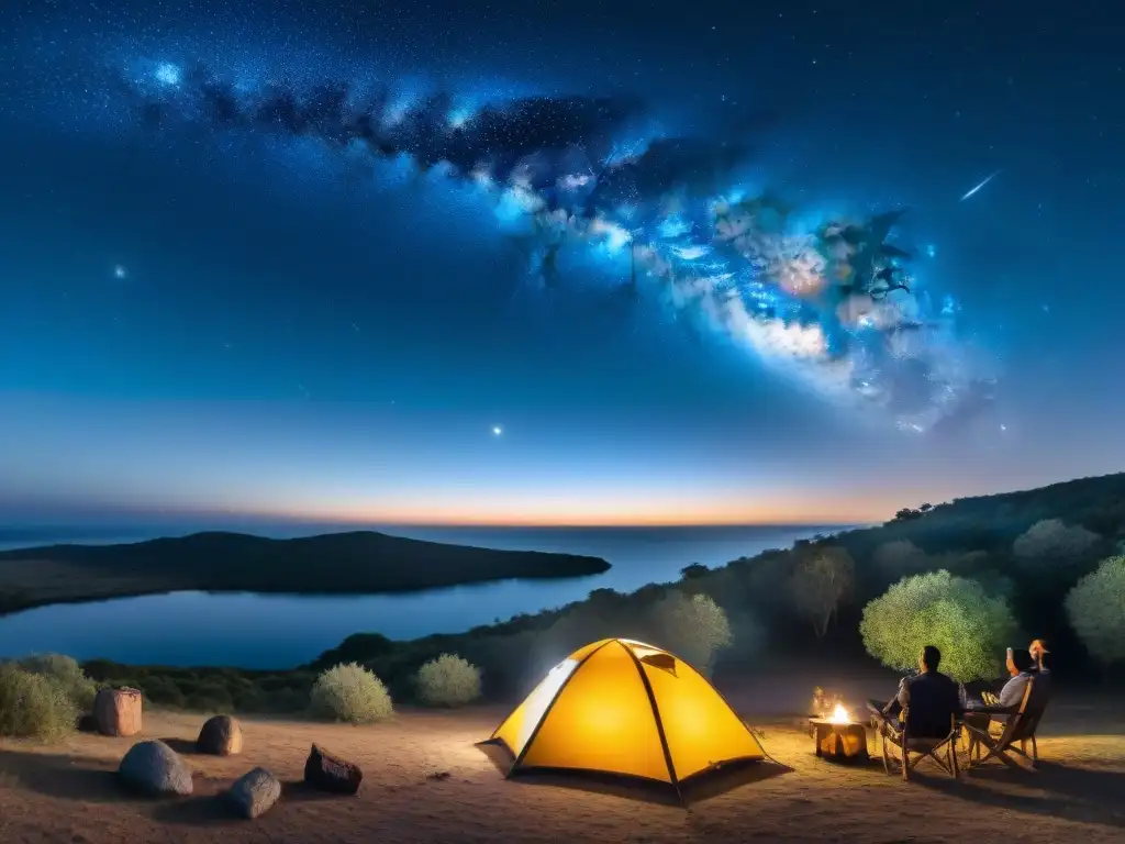 Explorando el cosmos en una noche mágica en Uruguay Vista panorámica del cielo nocturno en camping en Uruguay, con constelaciones y campamento alrededor de fogata