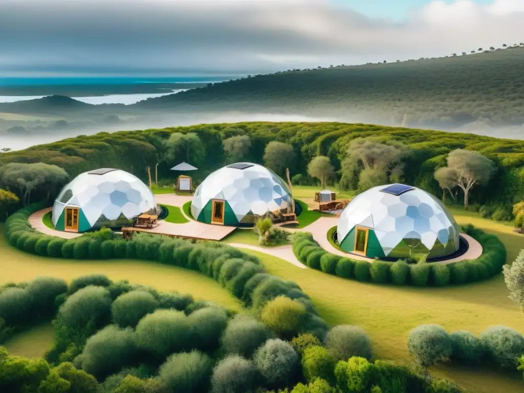 Glamping sostenible en Uruguay: armonía con la naturaleza Vista panorámica de un sitio de glamping sostenible en Uruguay con prácticas sostenibles
