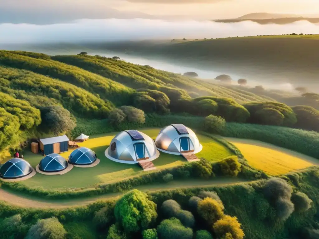 Glamping sostenible en Uruguay: atardecer ecofriendly Vivencias ecoamigables en un glamping sostenible de Uruguay al atardecer, destacando diseño y turismo responsable