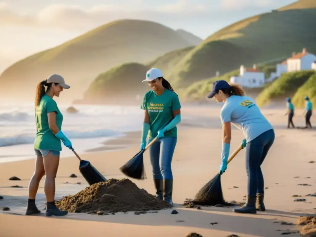 Voluntarios limpiando una playa en Uruguay al atardecer Voluntariado ambiental limpiando playa al atardecer en Uruguay