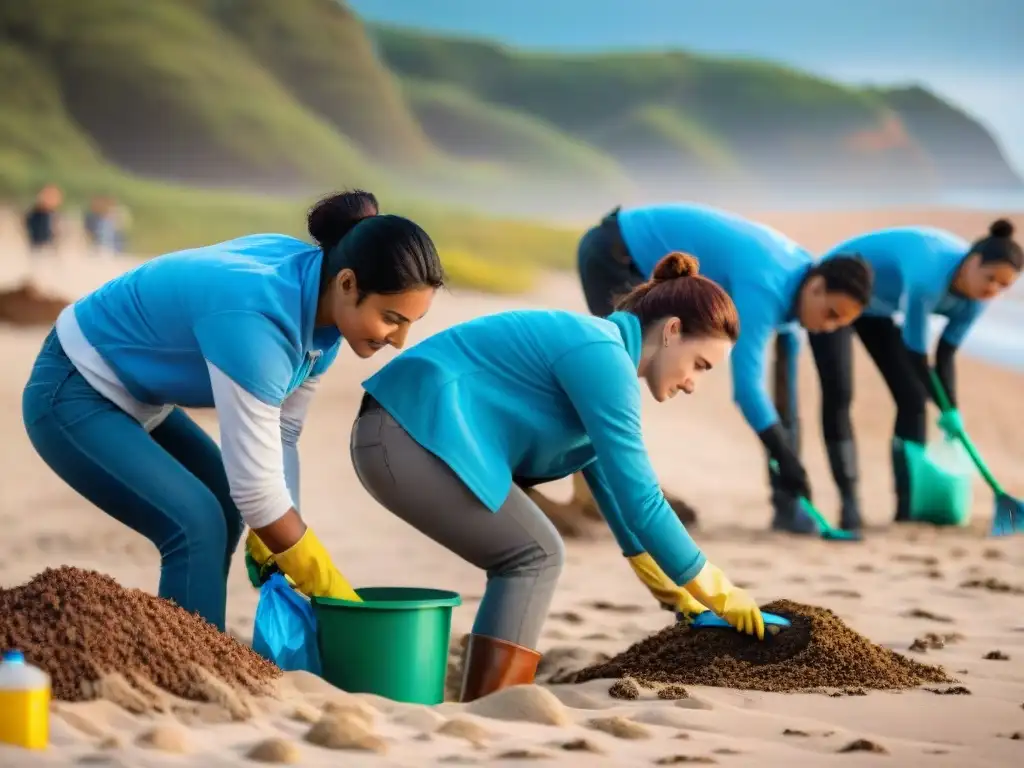 Voluntarios diversidad limpian playa en Uruguay Voluntariado ambiental en acción limpiando una playa en Uruguay, uniendo edades y backgrounds en equipo bajo cielo azul