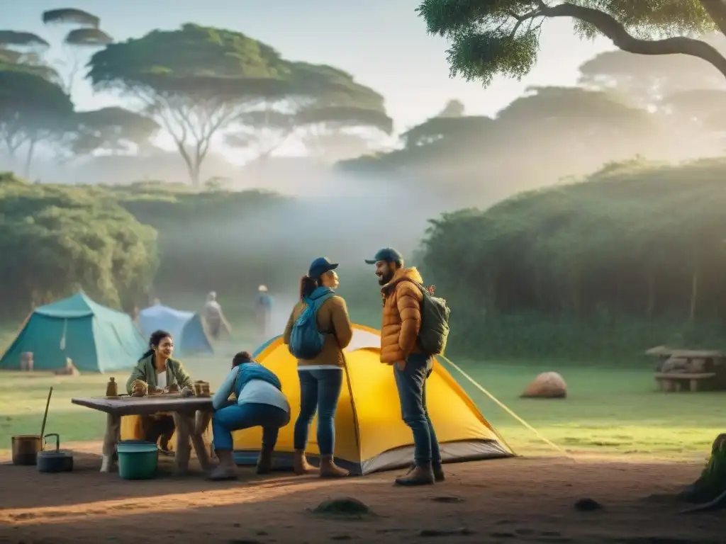 Voluntarios en Uruguay: conservación, diversidad y trabajo en equipo Voluntariado en campamentos Uruguay: Diversos voluntarios trabajan juntos en conservación rodeados de naturaleza exuberante