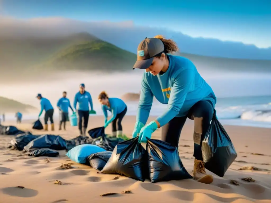 Voluntarios limpiando playa al atardecer en Uruguay Voluntariado en camping Uruguay: Grupo de voluntarios limpian playa al atardecer