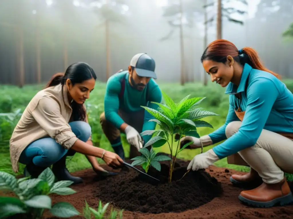 Voluntarios plantando árboles en bosque de Uruguay Voluntarios plantando árboles en un bosque de Uruguay, con camping sostenible