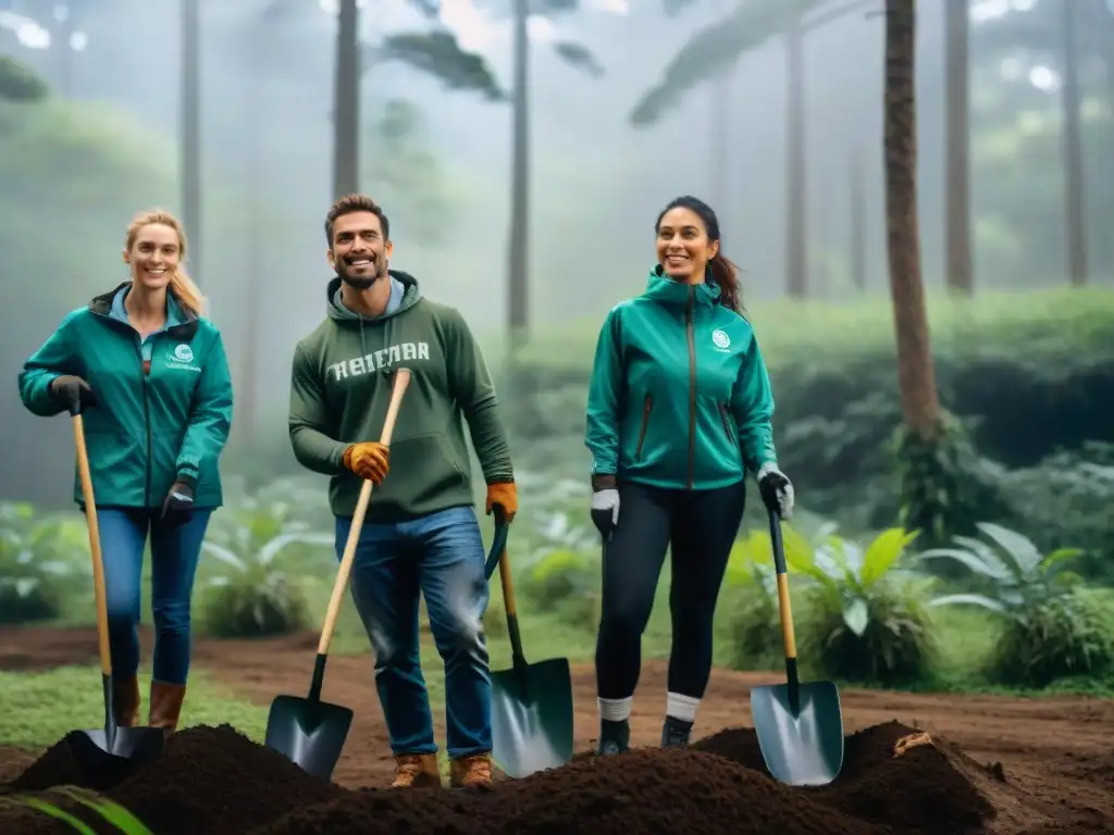 Voluntarios reforestando juntos en Uruguay: comunidad y conservación Voluntarios plantando árboles en un bosque de Uruguay, expresando determinación y unión por el voluntariado conservacionista camping en Uruguay
