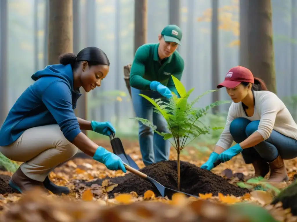 Reforestación comunitaria: plantando árboles juntos en el bosque Voluntarios diversos plantan árboles jóvenes en un bosque exuberante