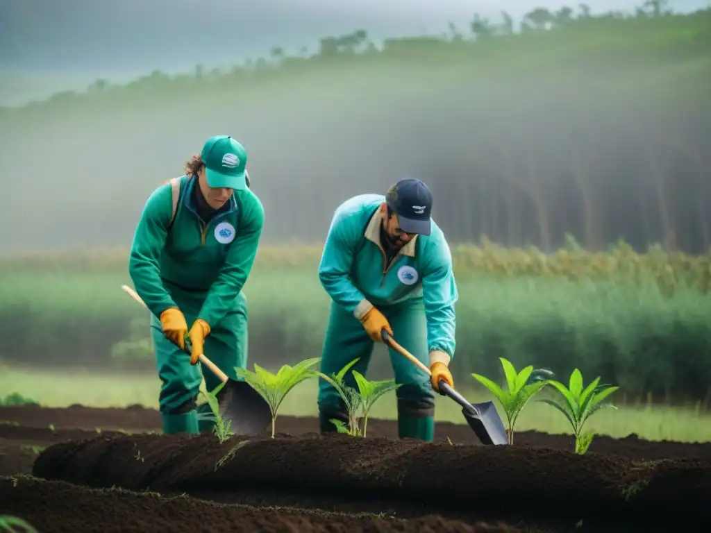Voluntarios reforestadores en acción: plantando árboles nativos en Uruguay Voluntariado conservación naturaleza Uruguay: Grupo de voluntarios plantando árboles nativos en un frondoso bosque, bajo el cálido sol