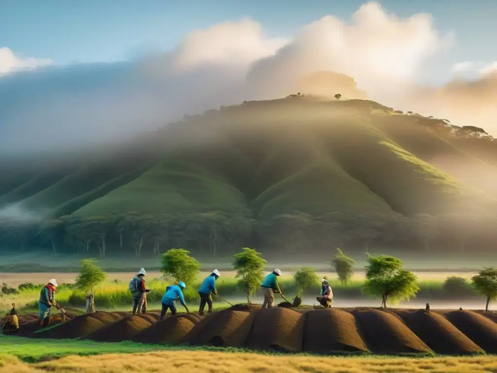 Jornada de reforestación en Uruguay: unión y armonía con la naturaleza Voluntarios plantando árboles nativos en Uruguay, armonía con la naturaleza y conservación ambiente camping