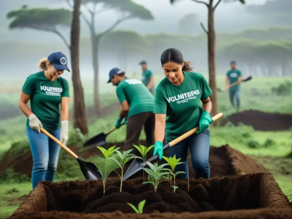 Reforestación en Uruguay: Voluntarios dedicados cuidando el bosque Voluntarios reforestando un bosque en Uruguay, protegiendo la naturaleza con esfuerzo y unión