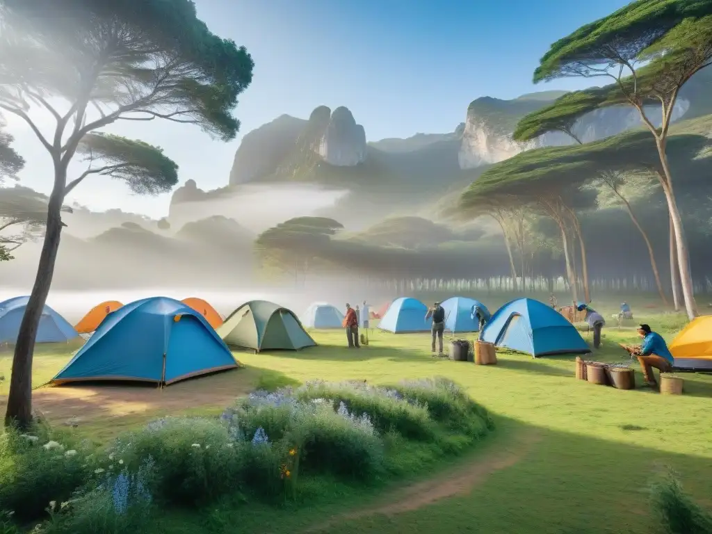 Voluntarios crean campamento comunitario en Uruguay Voluntarios preparando camping comunitario en Uruguay con armonía natural