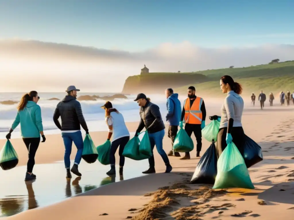 Limpieza comunitaria en playa de Uruguay al atardecer Voluntarios en camping Uruguay colaboran limpiando la playa al atardecer, mostrando trabajo en equipo y compromiso ambiental
