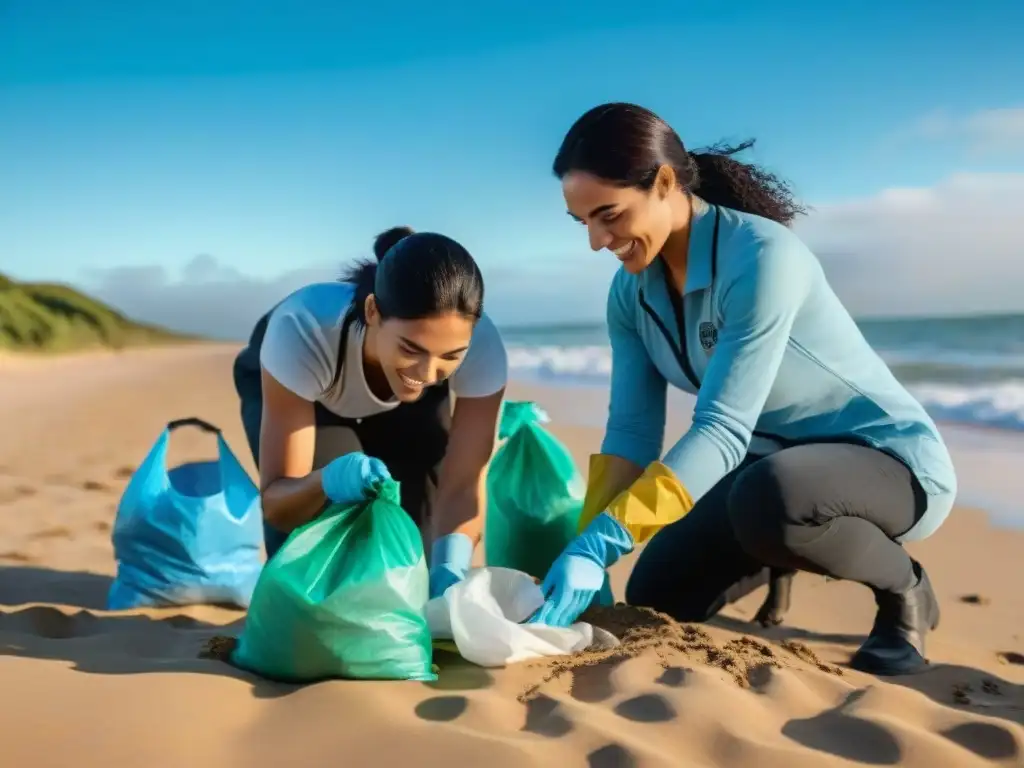 Voluntarios unidos limpiando playa en Uruguay Voluntarios diversidad limpian playa Uruguay, cielo azul, arena y mar brillante