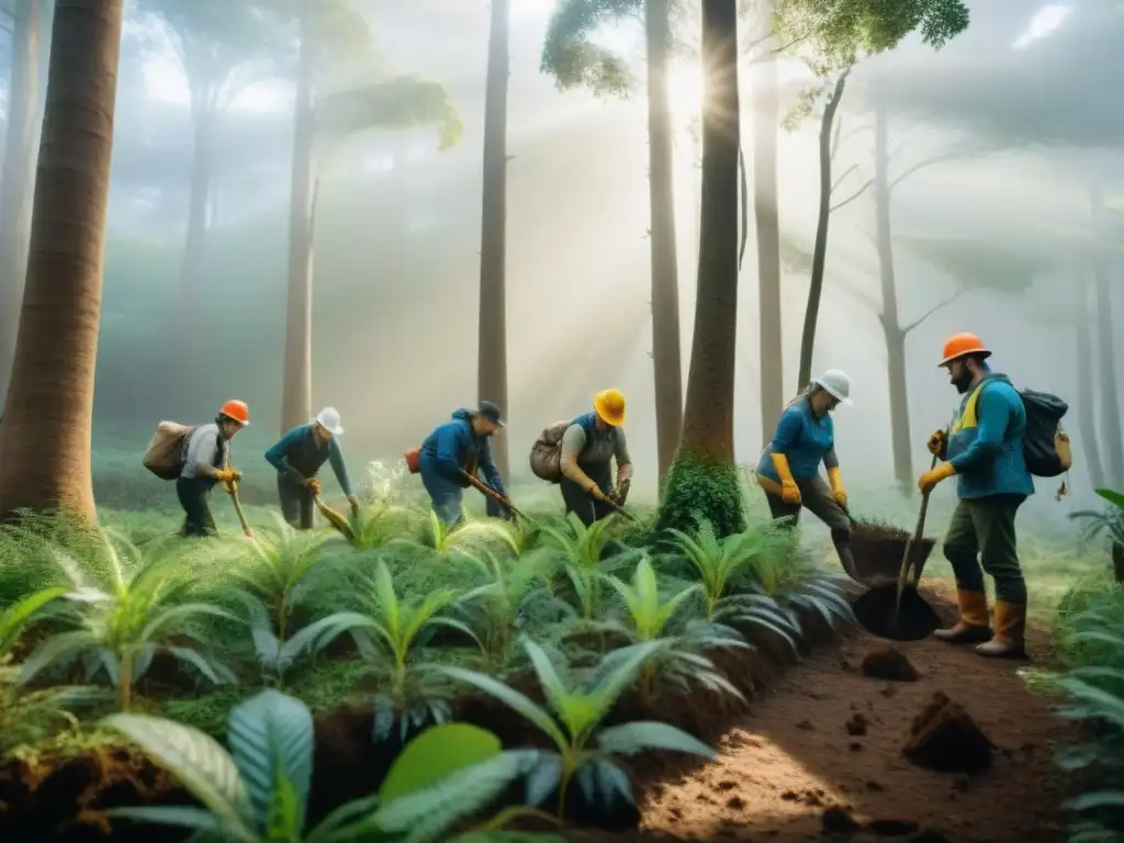 Voluntarios apasionados plantando árboles nativos en Uruguay Voluntarios conservando la naturaleza en Uruguay, plantando árboles nativos en bosque exuberante