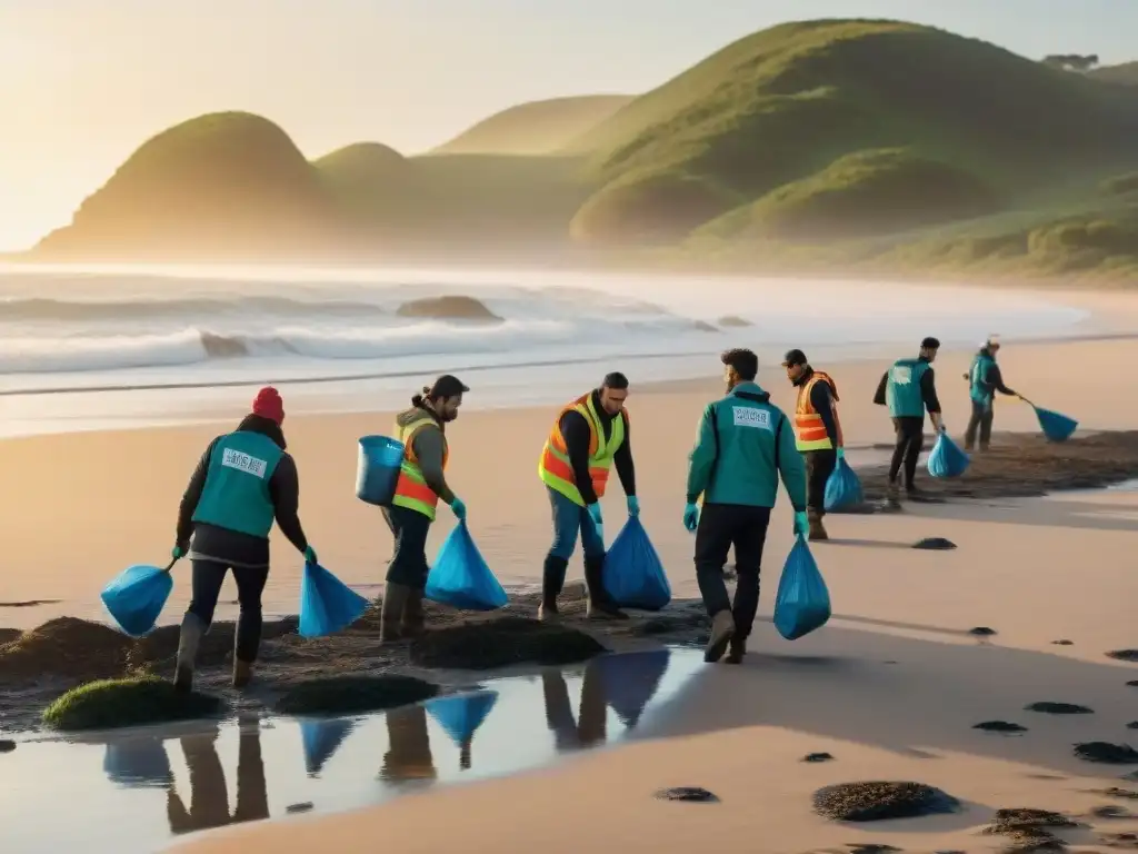 Voluntarios unidos limpiando una playa en Uruguay al atardecer Voluntarios limpiando la playa al atardecer en Uruguay, destacando la conservación del patrimonio natural
