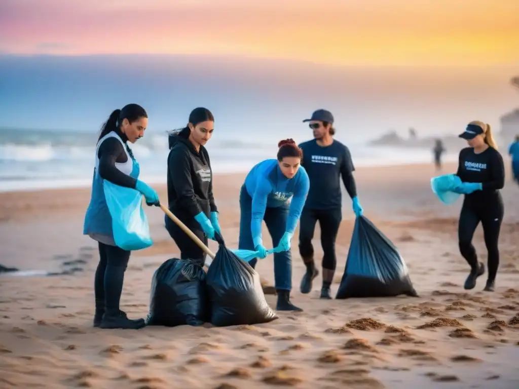Voluntarios limpiando playa en Uruguay al atardecer Voluntarios limpiando una playa en Uruguay al atardecer